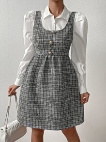 SHEIN Privé Scoop Neck Button Detail Tweed Dress Without Blouse - Black - View 3