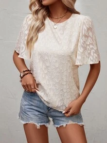 SHEIN Frenchy 提花蝴蝶袖襯衫 - 杏色 - 查看 5