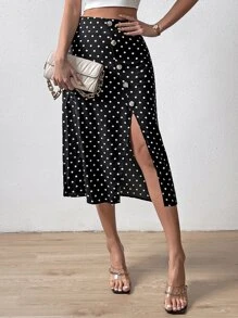 SHEIN Essnce Polka Dot Print Button Front Split Thigh Skirt - Black - View 1