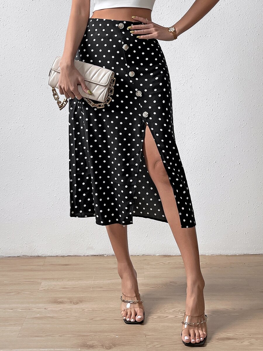 SHEIN Essnce Polka Dot Print Button Front Split Thigh Skirt - Black - View 1