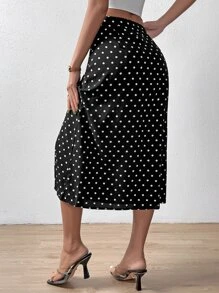 SHEIN Essnce Polka Dot Print Button Front Split Thigh Skirt - Black - View 2
