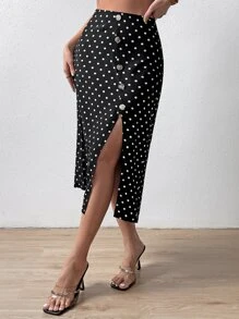 SHEIN Essnce Polka Dot Print Button Front Split Thigh Skirt - Black - View 3