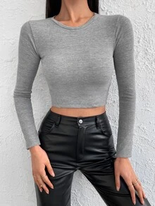 EURMUSE 素色條紋針織短款T恤 - 灰色 - 查看 5