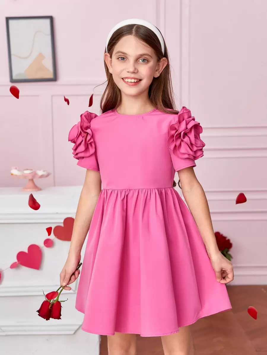 SHEIN Tween Girl Solid Layered Ruffle Detail Sleeve Dress - Pink - View 1