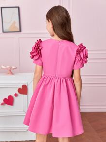 SHEIN Tween Girl Solid Layered Ruffle Detail Sleeve Dress - Pink - View 2
