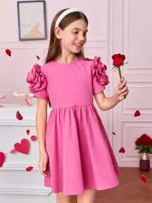 SHEIN Tween Girl Solid Layered Ruffle Detail Sleeve Dress - Pink - View 3