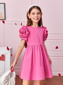 SHEIN Tween Girl Solid Layered Ruffle Detail Sleeve Dress - Pink - View 5