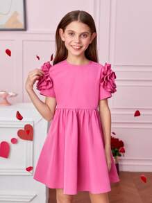 SHEIN Tween Girl Solid Layered Ruffle Detail Sleeve Dress - Pink - View 6