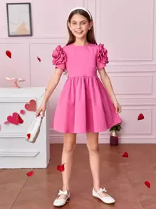 SHEIN Tween Girl Solid Layered Ruffle Detail Sleeve Dress - Pink - View 7