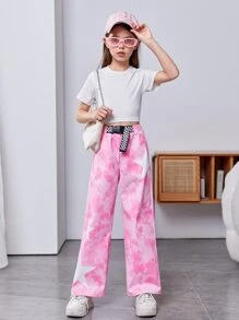 SHEIN 女孩紮染腰帶長褲