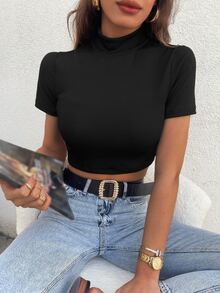 Camiseta crop de cuello alto tejido de canalé - Negro - Ver 5