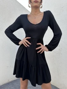 EURMUSE 素色燈籠袖荷葉邊連衣裙 - 黑色 - 查看 4