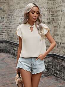 SHEIN LUNE Keyhole Neck Petal Sleeve Blouse - Apricot - View 5