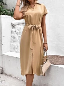 SHEIN VCAY Solid Dolman Sleeve Slit Hem Belted Dress - Khaki - View 4