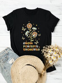 SHEIN LUNE Plus Floral & Slogan Graphic Tee - Black - View 1