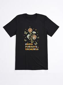SHEIN LUNE Plus Floral & Slogan Graphic Tee - Black - View 5