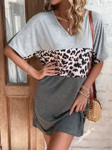 EMERY ROSE Leopard Print Colourblock V Neck Dolman Sleeve Tee Dress - Light Grey - View 6