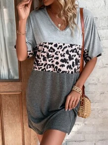 EMERY ROSE Leopard Print Colourblock V Neck Dolman Sleeve Tee Dress - Light Grey - View 5