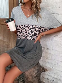 EMERY ROSE Leopard Print Colourblock V Neck Dolman Sleeve Tee Dress - Light Grey - View 1