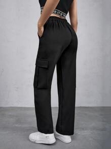 Pantalones cargo unicolor con bolsillo lateral con solapa - Negro - Ver 2