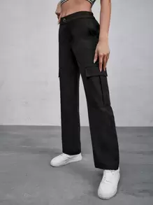 Pantalones cargo unicolor con bolsillo lateral con solapa - Negro - Ver 3