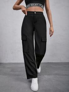 Pantalones cargo unicolor con bolsillo lateral con solapa - Negro - Ver 5