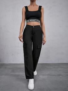 Pantalones cargo unicolor con bolsillo lateral con solapa - Negro - Ver 6