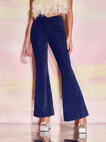 SHEIN BAE Pantalones acampanados fruncido delantero brillante - Azul - Ver 1