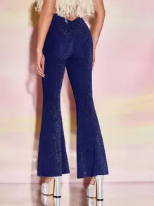 SHEIN BAE Pantalones acampanados fruncido delantero brillante - Azul - Ver 2