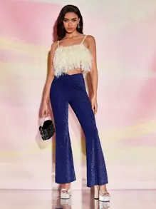 SHEIN BAE Pantalones acampanados fruncido delantero brillante - Azul - Ver 4