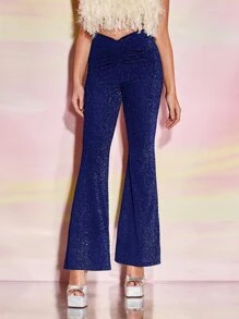 SHEIN BAE Pantalones acampanados fruncido delantero brillante - Azul - Ver 5