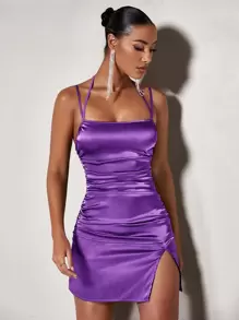 SHEIN BAE 繫帶後背繫帶下擺開叉緞面吊帶連衣裙 - 紫羅蘭色 - 查看 2