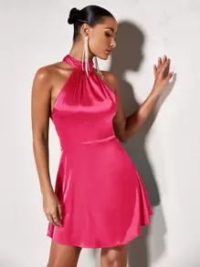 SHEIN BAE Solid Satin Halter Neck Backless Dress - Hot Pink - View 3