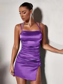 SHEIN BAE 繫帶後背繫帶下擺開叉緞面吊帶連衣裙 - 紫羅蘭色 - 查看 5