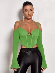 SHEIN BAE Cold Shoulder Flounce Sleeve Asymmetrical Hem Glitter Top