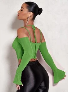 SHEIN BAE Cold Shoulder Flounce Sleeve Asymmetrical Hem Glitter Top