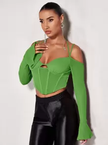 SHEIN BAE Cold Shoulder Flounce Sleeve Asymmetrical Hem Glitter Top