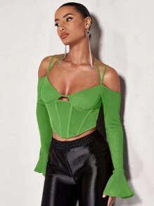 SHEIN BAE Cold Shoulder Flounce Sleeve Asymmetrical Hem Glitter Top