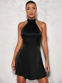SHEIN BAE Vestido línea A unicolor de satén de cuello halter - Negro - Ver 4