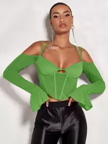 SHEIN BAE Cold Shoulder Flounce Sleeve Asymmetrical Hem Glitter Top