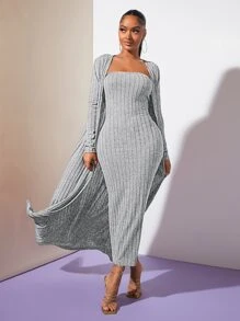 SHEIN SXY Solid Open Front Longline Coat - Light Grey - View 1