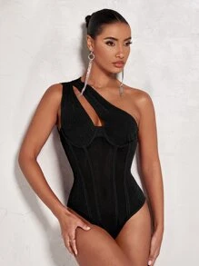 SHEIN BAE One Shoulder Cut Out Mesh Panel Bustier Bodysuit - Black - View 1
