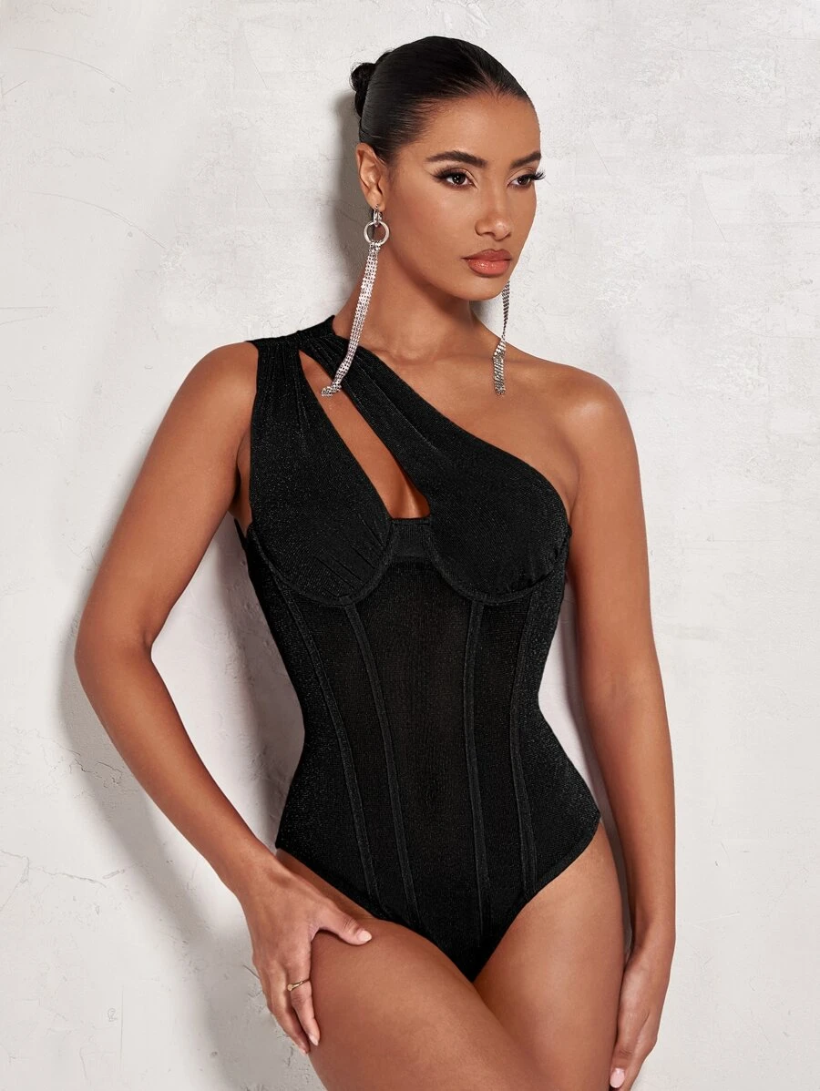 SHEIN BAE One Shoulder Cut Out Mesh Panel Bustier Bodysuit - Black - View 1