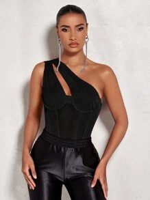 SHEIN BAE One Shoulder Cut Out Mesh Panel Bustier Bodysuit - Black - View 4