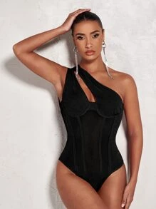 SHEIN BAE One Shoulder Cut Out Mesh Panel Bustier Bodysuit - Black - View 5