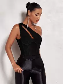 SHEIN BAE One Shoulder Cut Out Mesh Panel Bustier Bodysuit - Black - View 6
