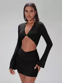 SHEIN BAE Glitter Twist Front Crop Top & Ruched Bodycon Skirt - Black - View 1
