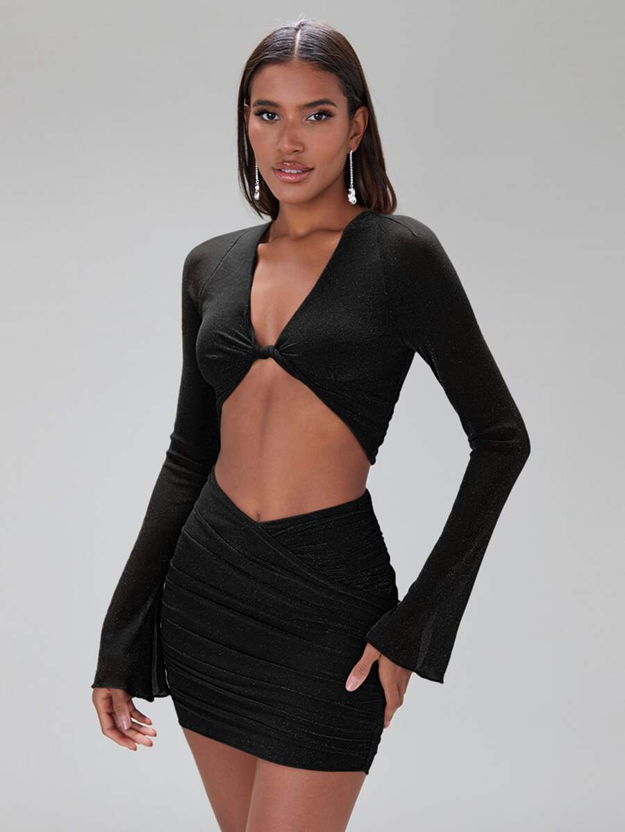 SHEIN BAE Glitter Twist Front Crop Top & Ruched Bodycon Skirt - Black - View 1