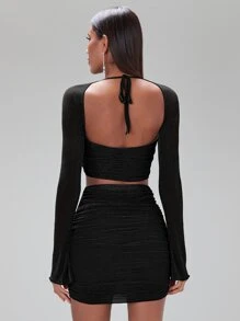 SHEIN BAE Glitter Twist Front Crop Top & Ruched Bodycon Skirt - Black - View 2