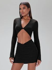 SHEIN BAE Glitter Twist Front Crop Top & Ruched Bodycon Skirt - Black - View 3